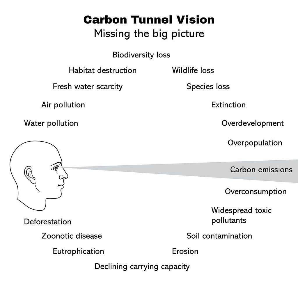 Head focused on carbon emissions and ignoring all the other symptoms of ecological overshoot.