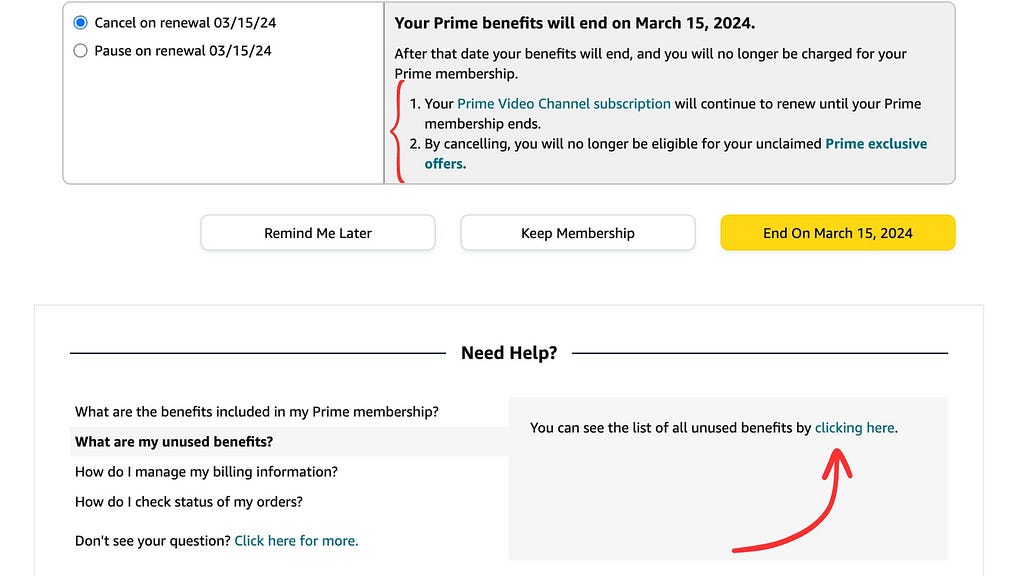 Amazon Prime cancellation screen using guilt-inducing copy about losing exclusive offers, from FTC v. Amazon court complaint, Page 49.
