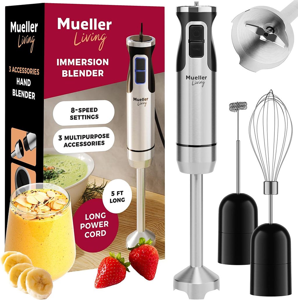 Mueller Immersion Blender Handheld - 8 Speed Stainless Steel Electric Hand Blender, 3 in 1 Emulsion Blender Handheld with Turbo Mode, Stick Blender Emulsifier for Kitchen for Soup, Smoothie, Puree