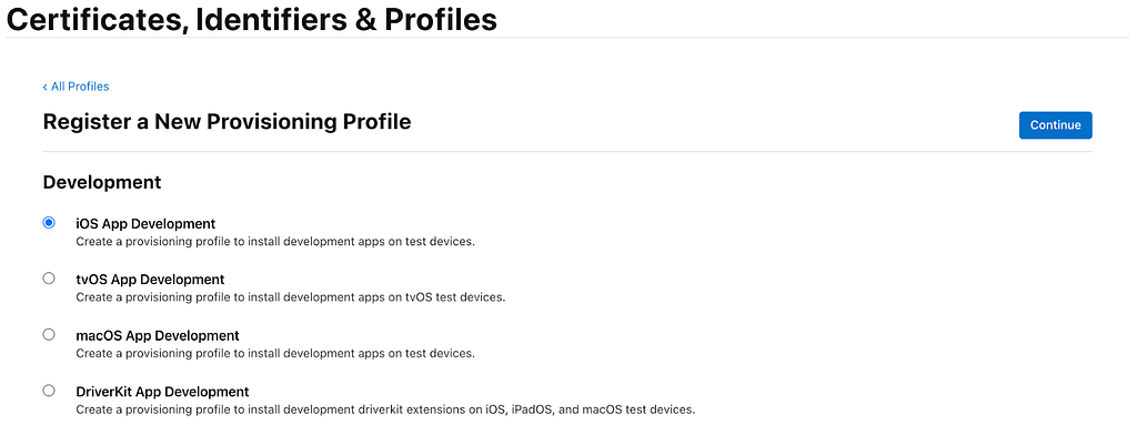 A view of the Apple Developer Portal when creating a development profile