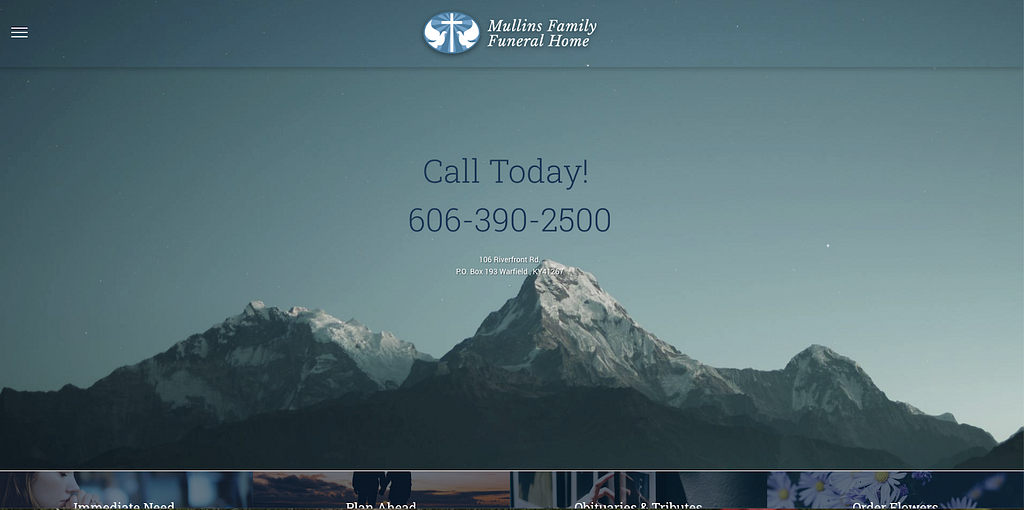 A screenshot of a funeral website with mountains at dusk in the background and low contrast text that says, “Call Today!”