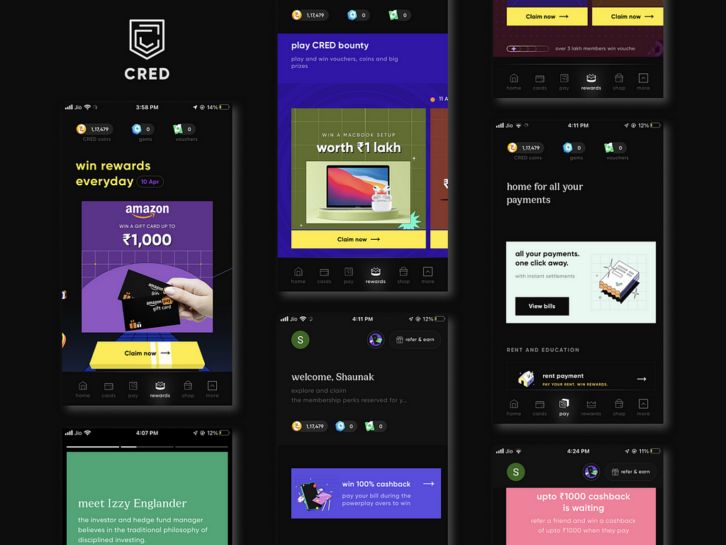 Screens of an app design in dark mode