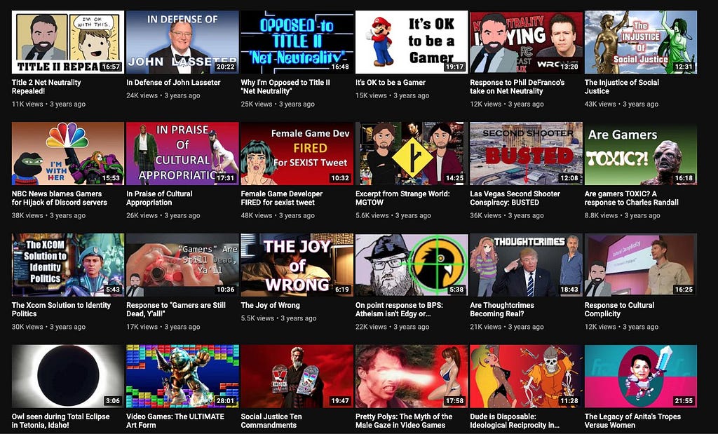 A screenshot of Troy Leavitt’s youtube catalogue, showing 24 thumbnails of his videos.