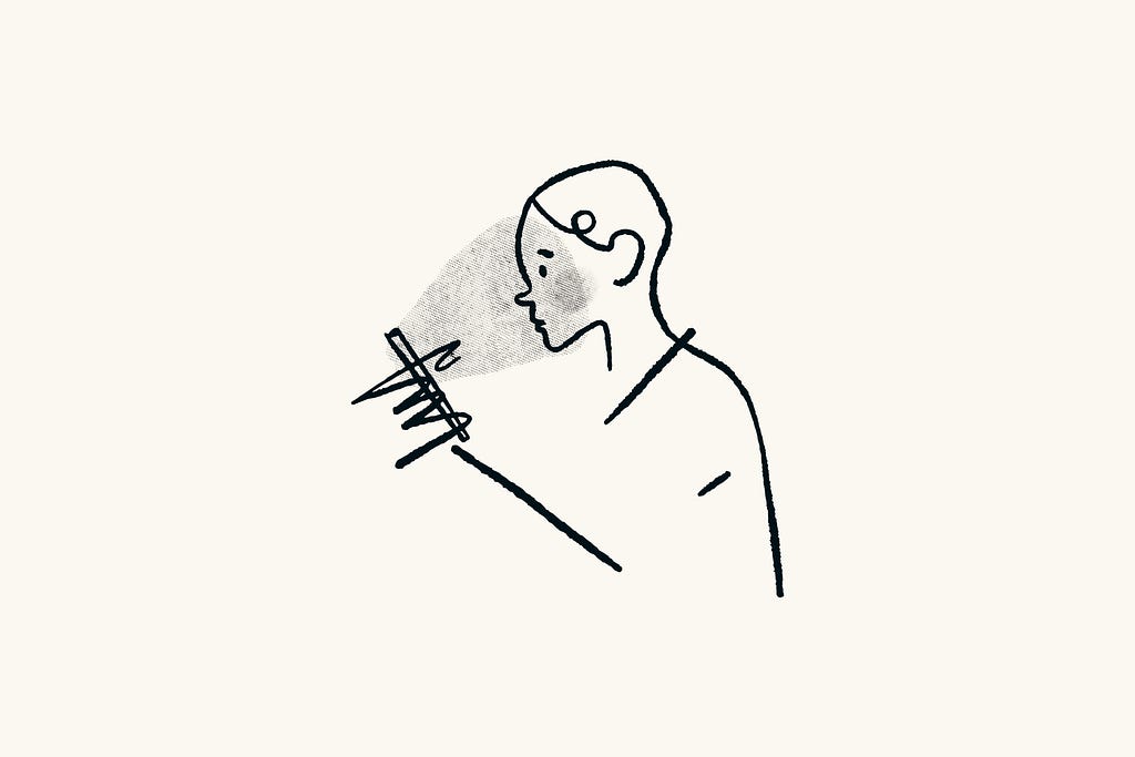 An line drawing of a humanoid figure holding a smartphone
