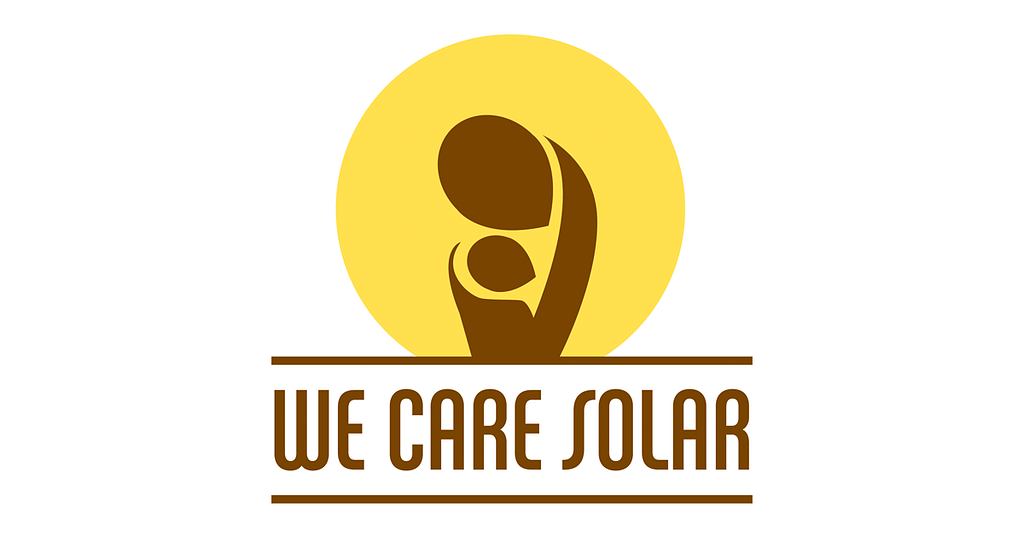 We Care Solar logo with a yellow shape indicating a mother and child