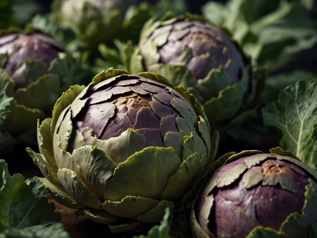 Fresh hydroponic artichokes with leaves, highlighted by sunlight on a dark background.