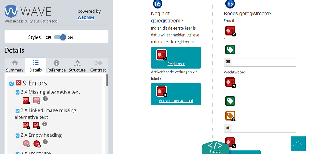 Voorbeeld van een webpagina waarin de evaluatietool WAVE een resem toegankelijkheidsproblemen gedetecteerd heeft die met behulp van pictogrammen in de webpagina gevisualiseerd worden en die in een panel naast de pagina in detail bekeken kunnen worden.