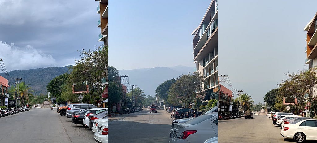 Three views of a mountain from the city. Gradually being covered by smog/smoke