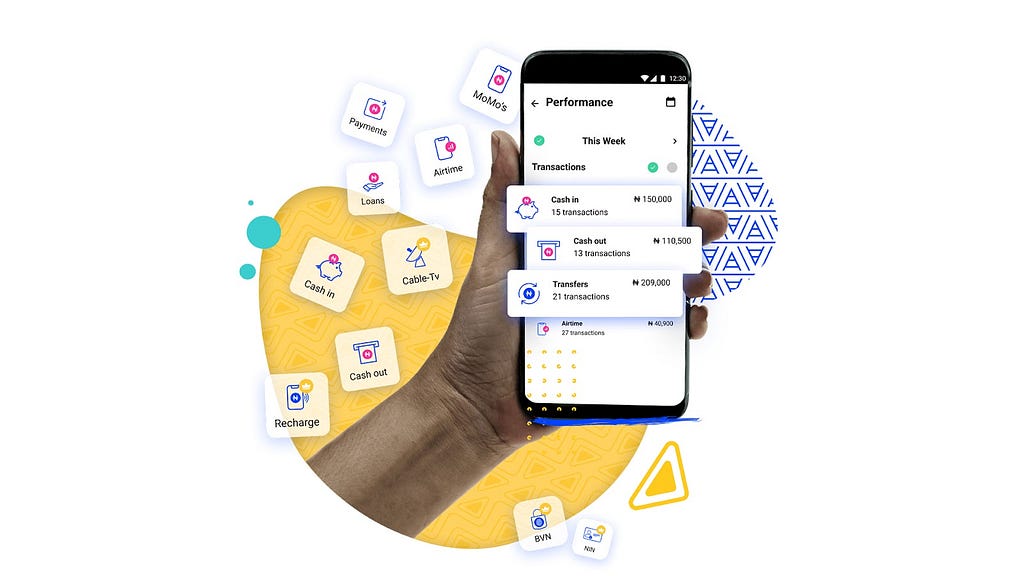 A hand holding a smartphone against an abstract background of various shapes in yellow and blue. The phone screen shows features of the Waynbo app for agents: bright icons that indicate information on Cash-in, Cash-out, and Transfers. Other features include Payments, Airtime, Cable-TV, and Recharge.