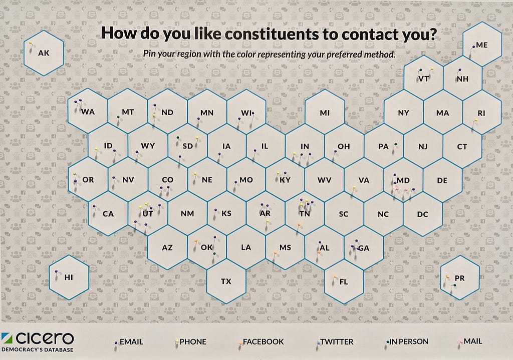 map of the US with pins showing how legislators prefer to be contacted