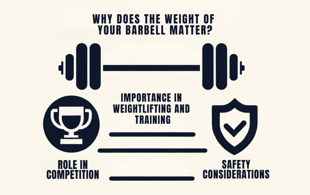 A straightforward infographic with the main title: ‘Why Does the Weight Of Your Barbell Matter?’. Directly below the title, three bold headings are listed vertically: ‘Importance in Weightlifting and Training’, ‘Role in Competition’, and ‘Safety Considerations’. Each heading is emphasized with a simple, associated icon: a barbell for training, a trophy for competition, and a safety shield for safety considerations.