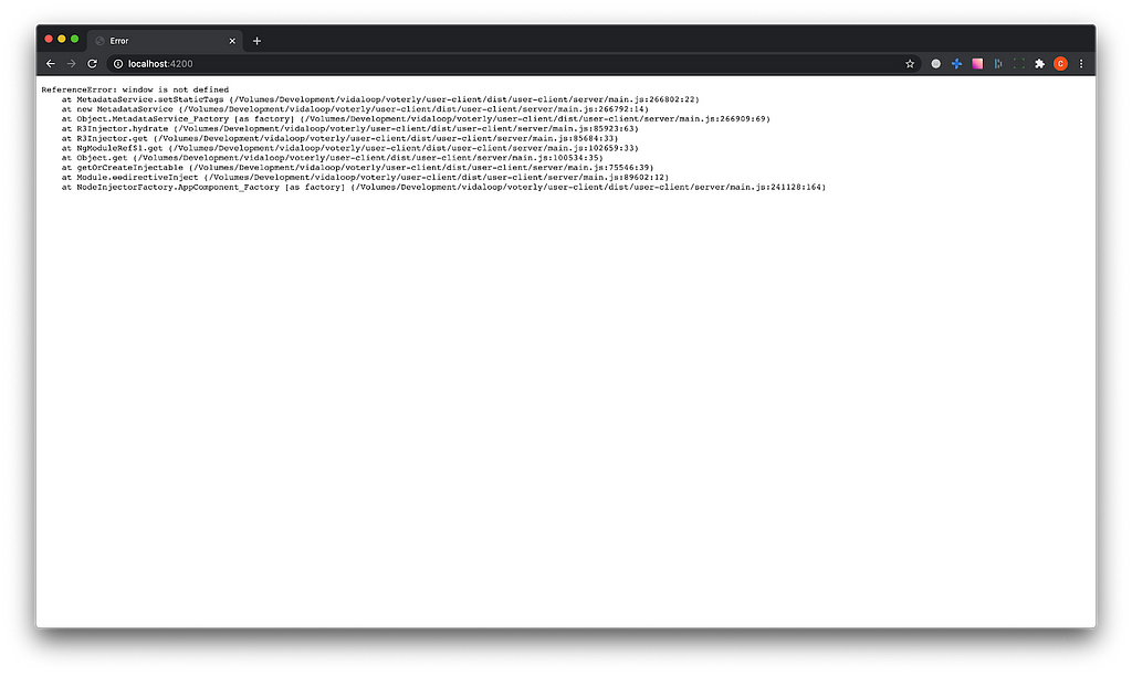 Screenshot of a Google Chrome window that shows an error: “ReferenceError: window is not defined” followed by a stack trace.