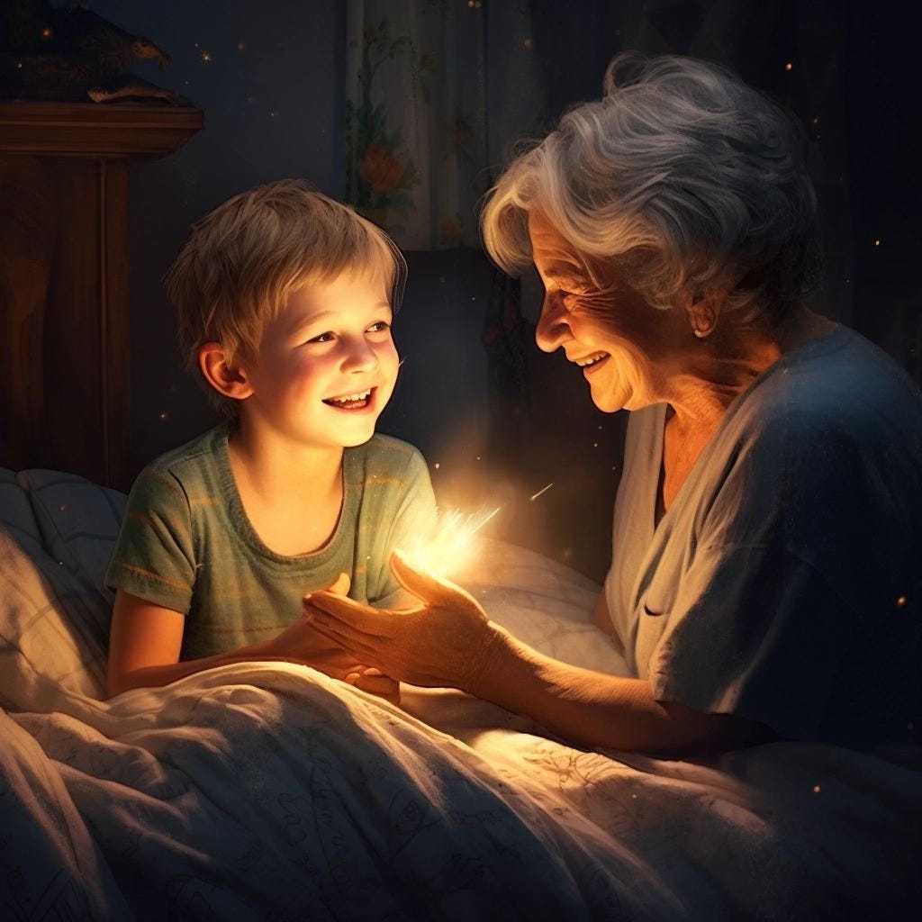 A grandmother and her grandson in the pleasant evening atmosphere of a cozy home before bedtime.