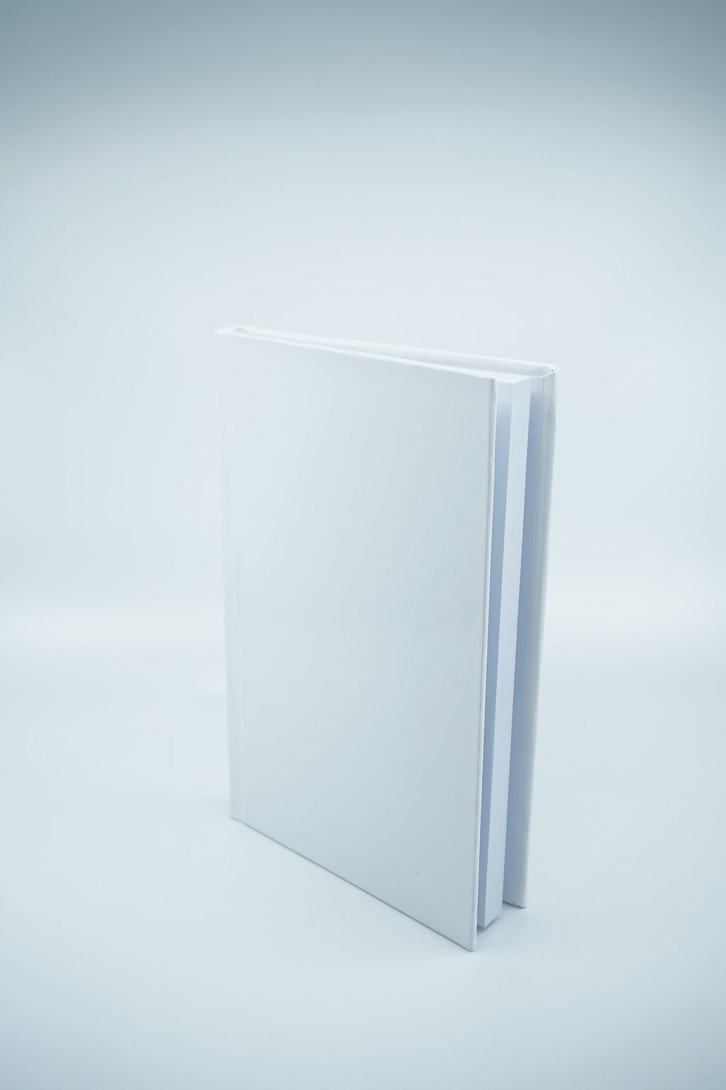In a white void, a thin hardcover book with a plain white cover and no text stands upright.