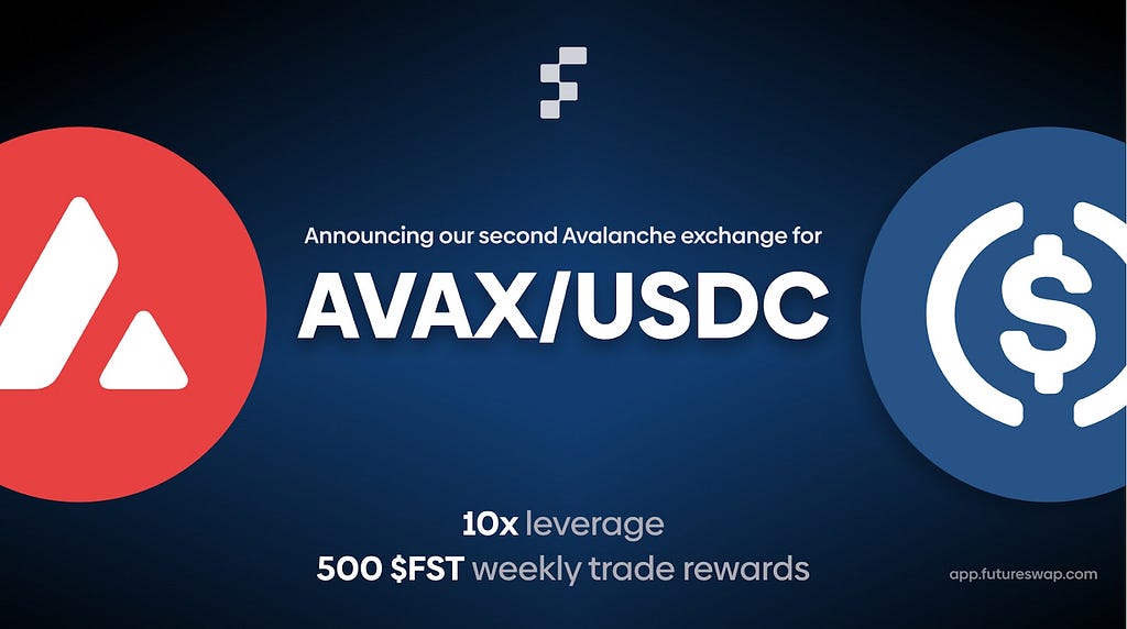 An announcement banner graphic showing the AVAX/USDC coin pairs with 10x leverage available and 500 in $FST weekly trading rewards