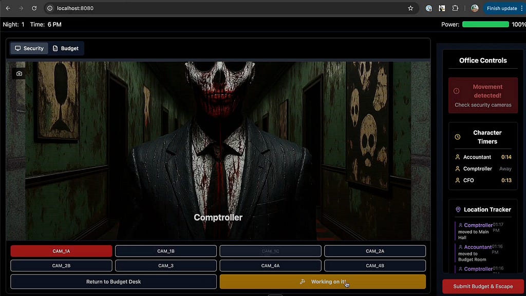 A dark, horror-themed video game interface showing a menacing figure labeled “Comptroller” in a blood-stained business suit with a skull-like face, standing in a dimly lit, decrepit hallway. The top bar indicates it is Night 1 at 6 PM. The interface includes buttons for security camera feeds, office controls on the right with character timers, movement alerts, and a location tracker. The lower section has navigation buttons including “Return to Budget Desk” and “Working on it!” highlighted.
