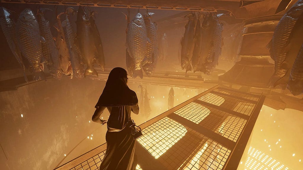 A screenshot from Indika, featuring a surreal environment where enormous fish hang from the ceiling, blurring the line between reality and dream.