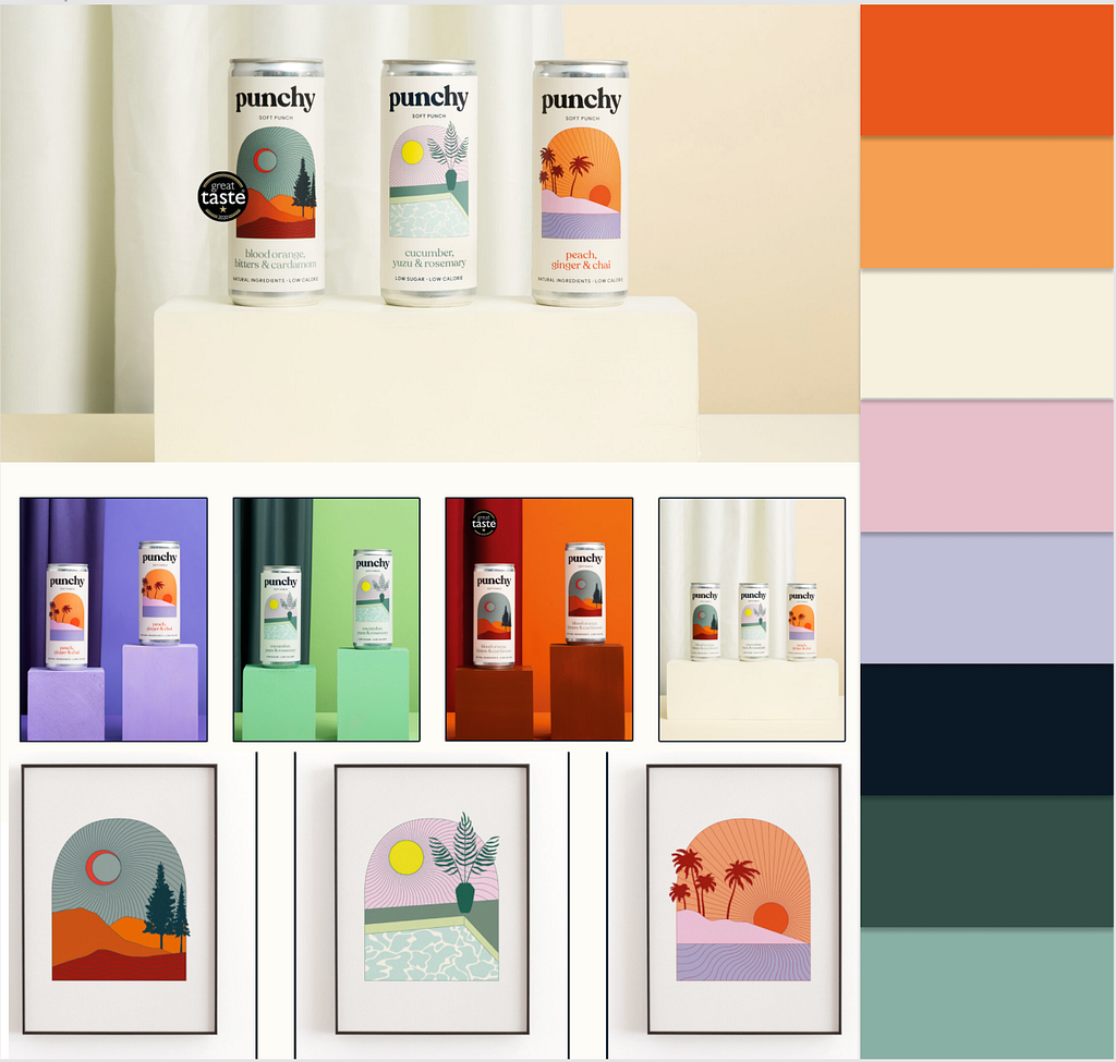 The brand color palette and mood board for Punchy drink.