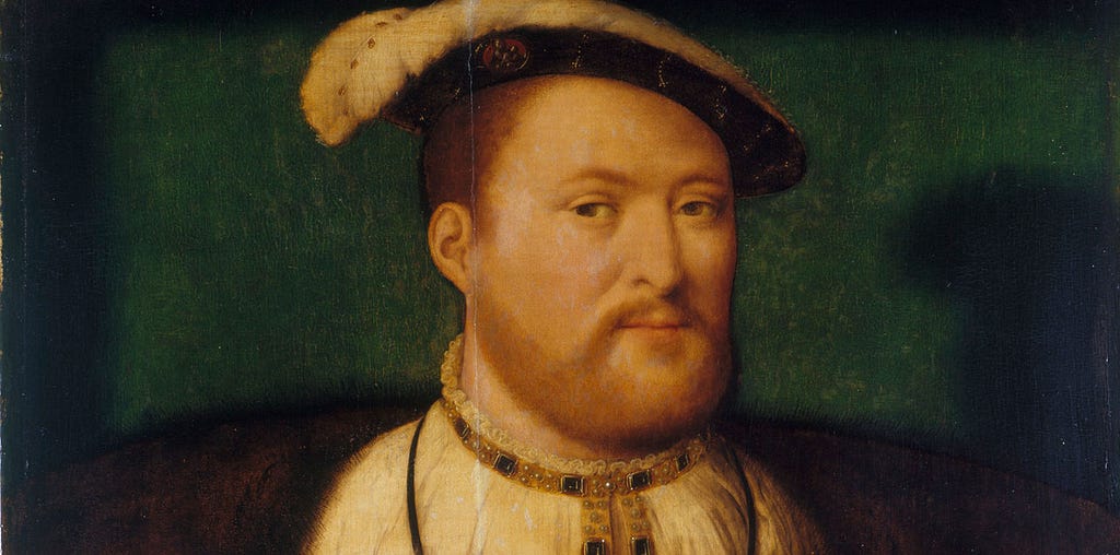 A painting of Henry VIII, a white man with strawberry blonde beard in a feathered hat and a white shirt with embroidered color.