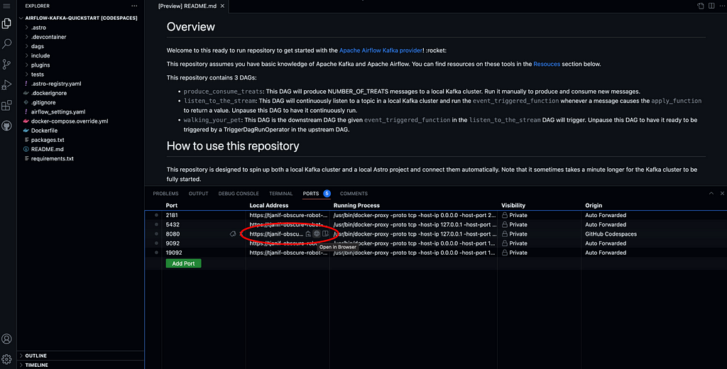 Screenshot of a codespace running the Airflow Kafka quickstart repository, showing the local address for the 8080 port.