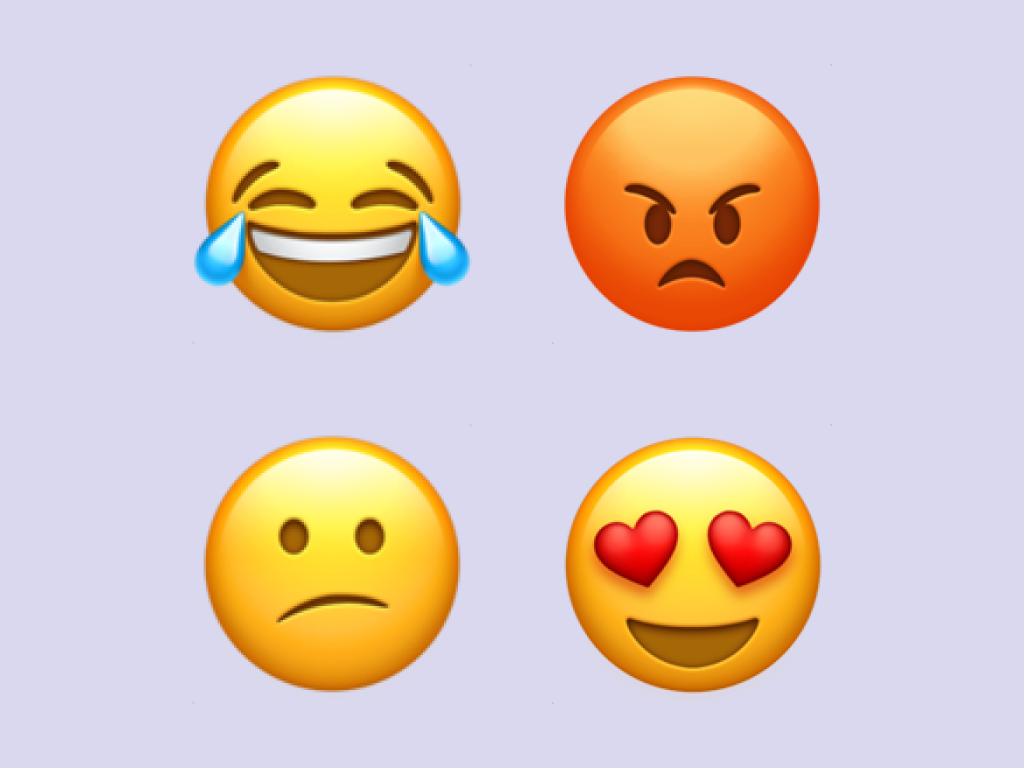 Emoji de rosto chorando de rir, emoji de rosto vermelho de raiva, emoji de rosto levemente triste, emoji de rosto com olhar apaixonado, com corações no lugar dos olhos