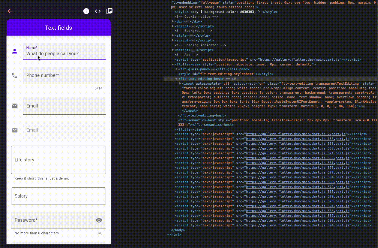 Chrome DevTools showing how an HTMLtext input field is dynamically repositioned pixel-perfectly over the corresponding canvas-rendered text input fields when the user tabs between the input fields.
