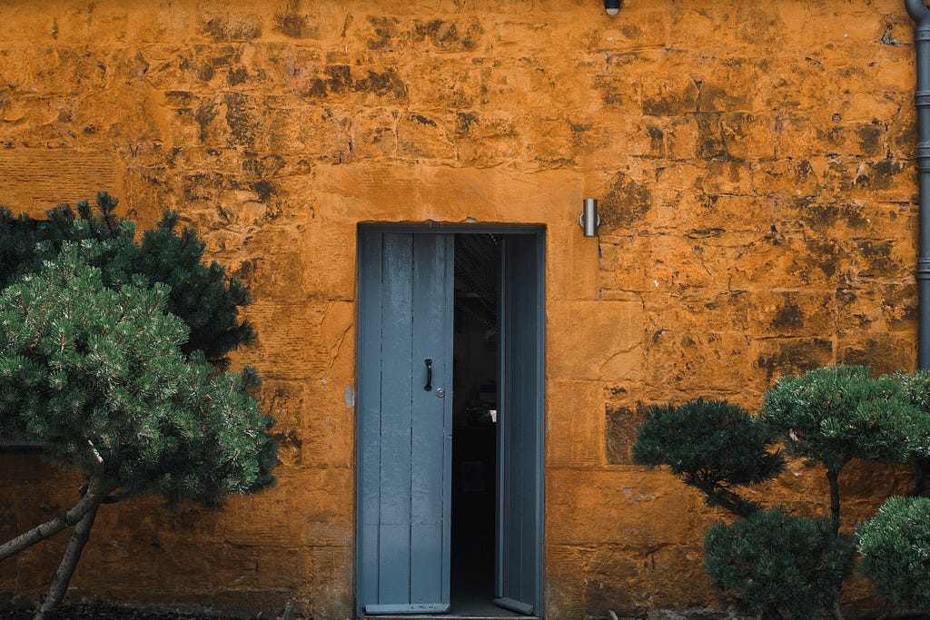 Orange patina brick wall with a blue double door and one side is open inwards to a black view.