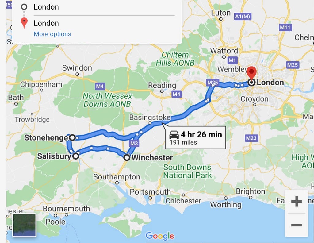 Google Maps showing a route from London with stops at Stonehenge, Salisbury, Winchester and back to London.