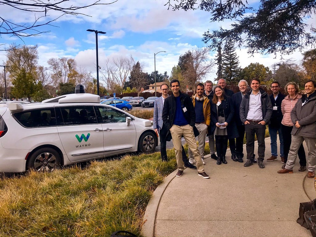 Photograph of ERTICO’s delegation posing near an autonomous vehicle from Waymo at its headquarters’ parking lot in San Francisco (taken in January 2020)