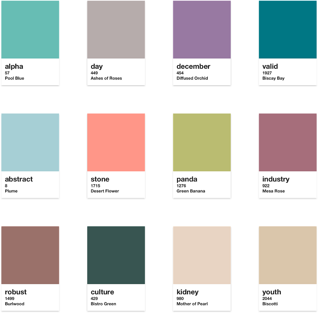 12 different Pantone colors, named from the BIP39 wordlist