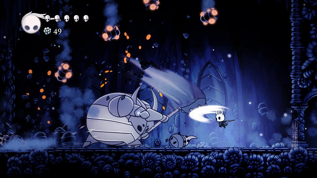 The False Knight boss fight from Hollow Knight. The False Knight is a large armored bug, swinging a hammer at the player. Glowing rocks fall from above.