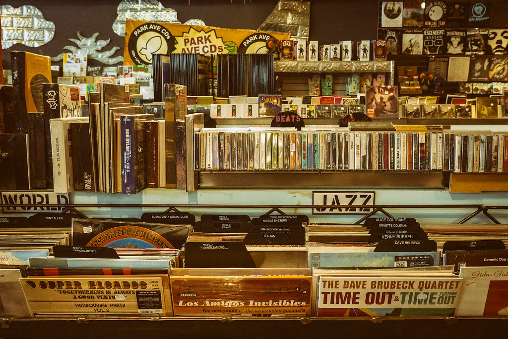 Stacks of records at a record store