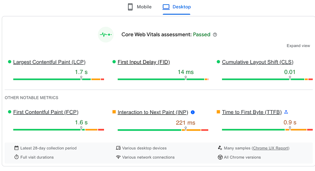 a screenshot on Core Web Vitals metrics