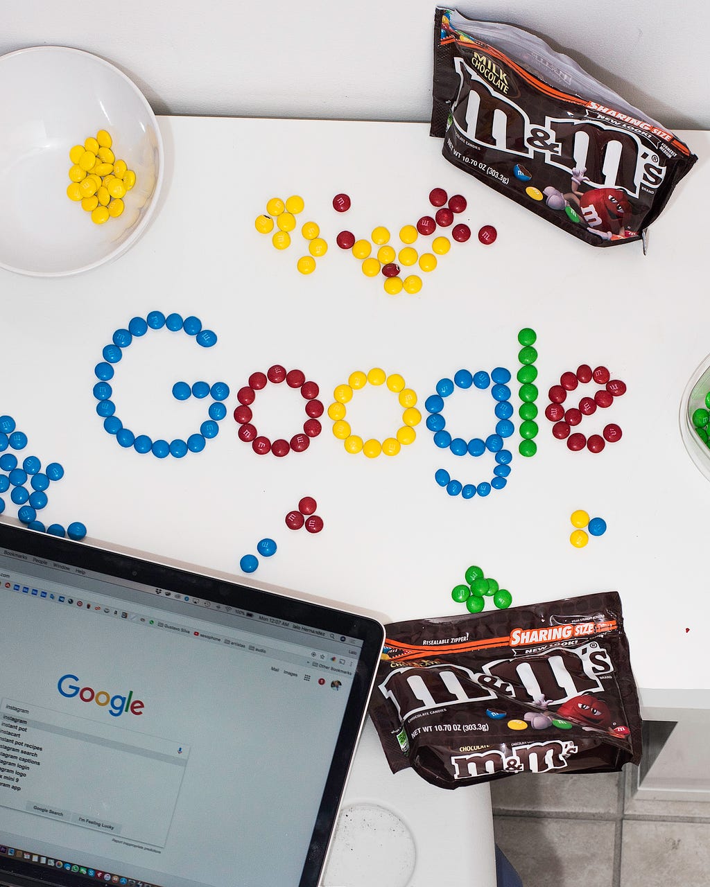“Google” spelled out on a table in M&M’s