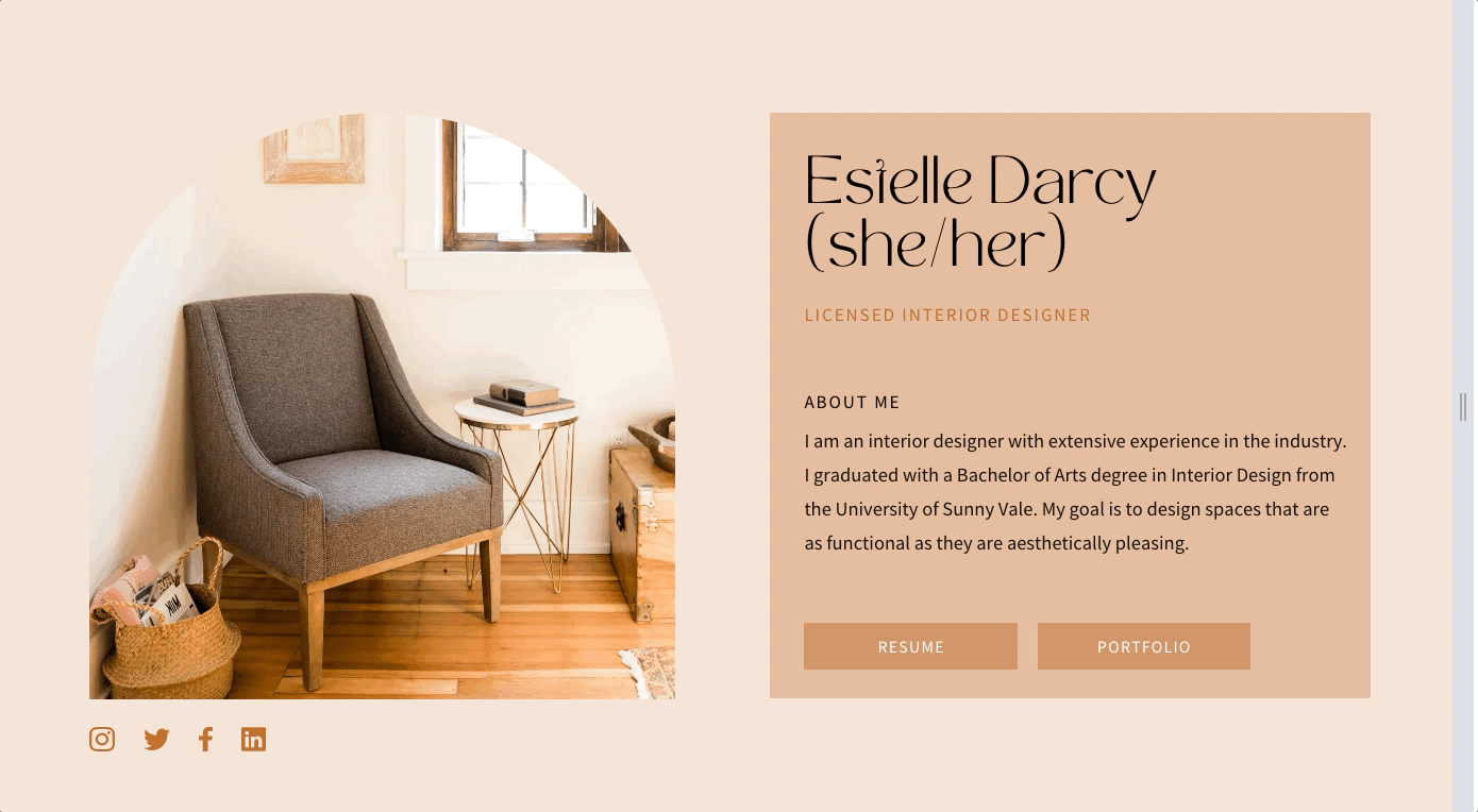 A beautiful Canva template featuring a sofa, coffee table with a book on it and wooden flooring in a well-lit apartment. The template is states “Estelle Darcy” with resume and portfolio buttons. This version allows resizing but the reflow of the elements is not consistent, resulting in overlaps that causes the template to be aesthetically not pleasing.