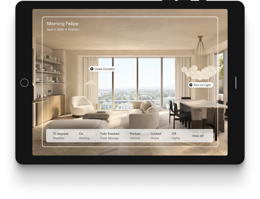 An ipad screen shows a rendering of a Nabr apartment with options to “close curtains” and “turn on lights.”