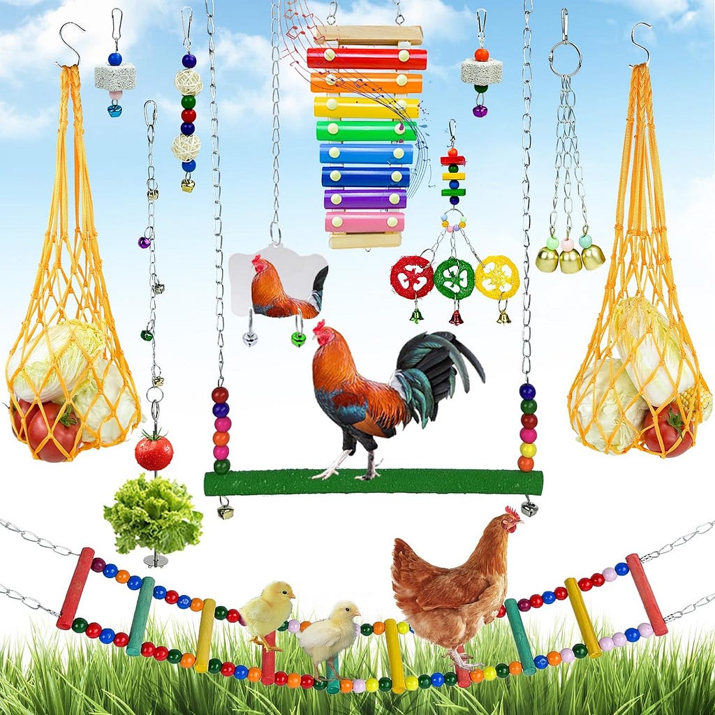 12 Pack Chicken Toys for Hens,Net Mirror Bell Xylophone String Vegetable Fruits Skewer Hanging Ladder Swings Coop Accessories for Hens Bird Parrot