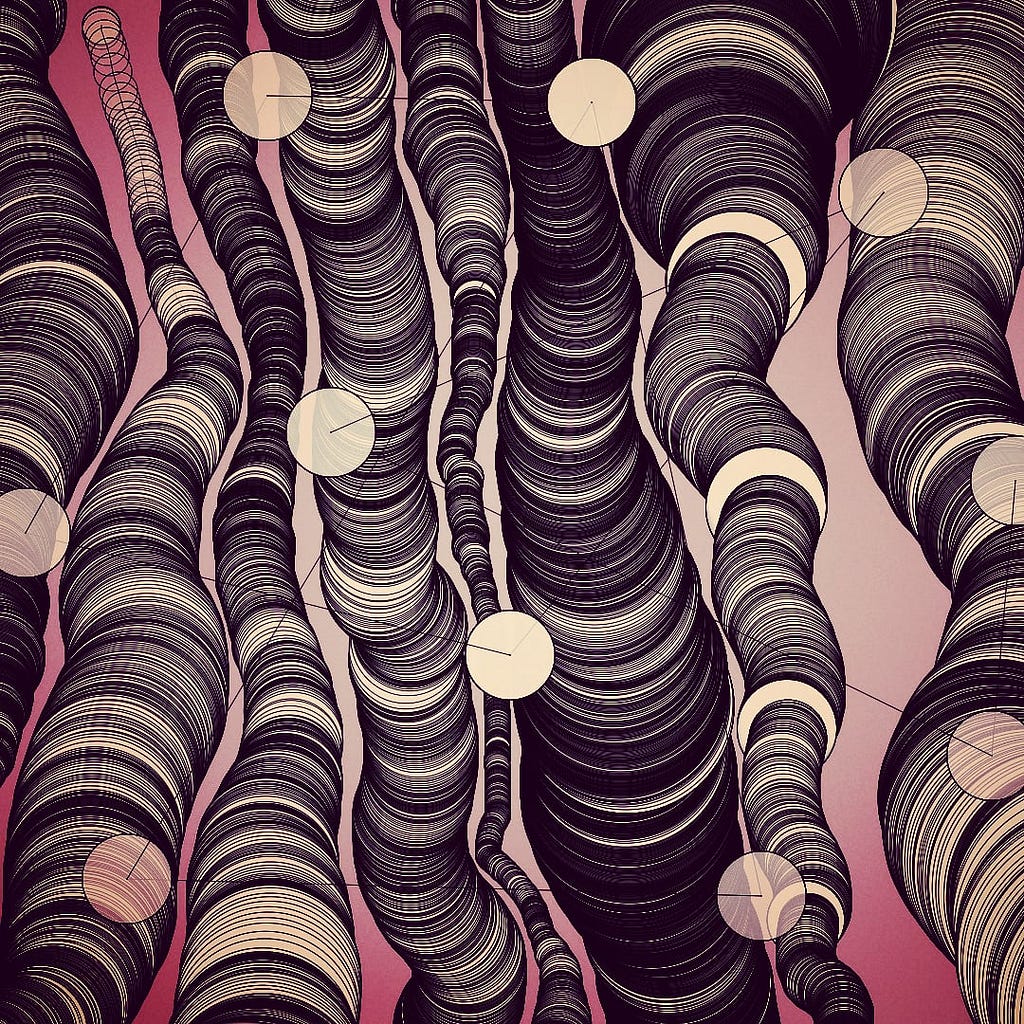 A digital image that appears to be created with printed circles. Each circle is a beige color with a black outline. The background behind the worm-like circles is a light pink to dark pink gradient. The beige and black circles create eight vertical tubes of various sizes which cross the screen. Atop them there are 10 small semi transparent beige circles with lines connecting them.