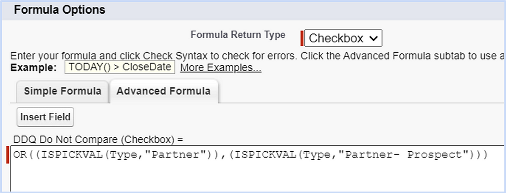 Screenshot of Salesforce formula to show how one can exclude certain account types from Delpha’s duplicate analysis