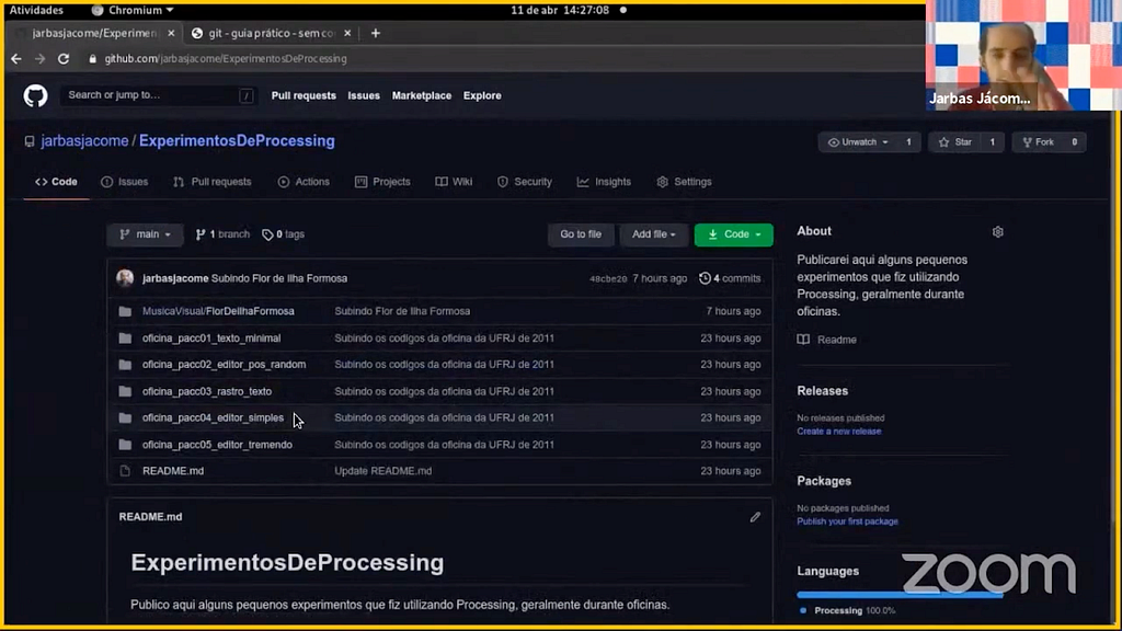 A screenshot of a Zoom that shows a GitHub repo of “ExperimentosDeProcessing.”