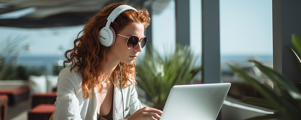 Woman wearing large white headphones working intensely on a laptop on a rooftop terrace near the ocean in a tropical setting