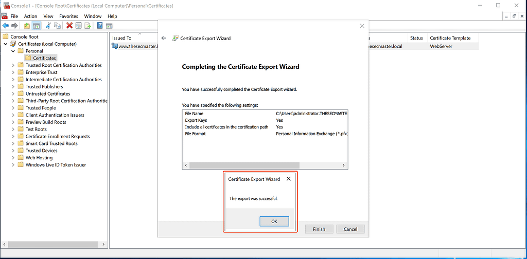 Certificate exported in PFX format.