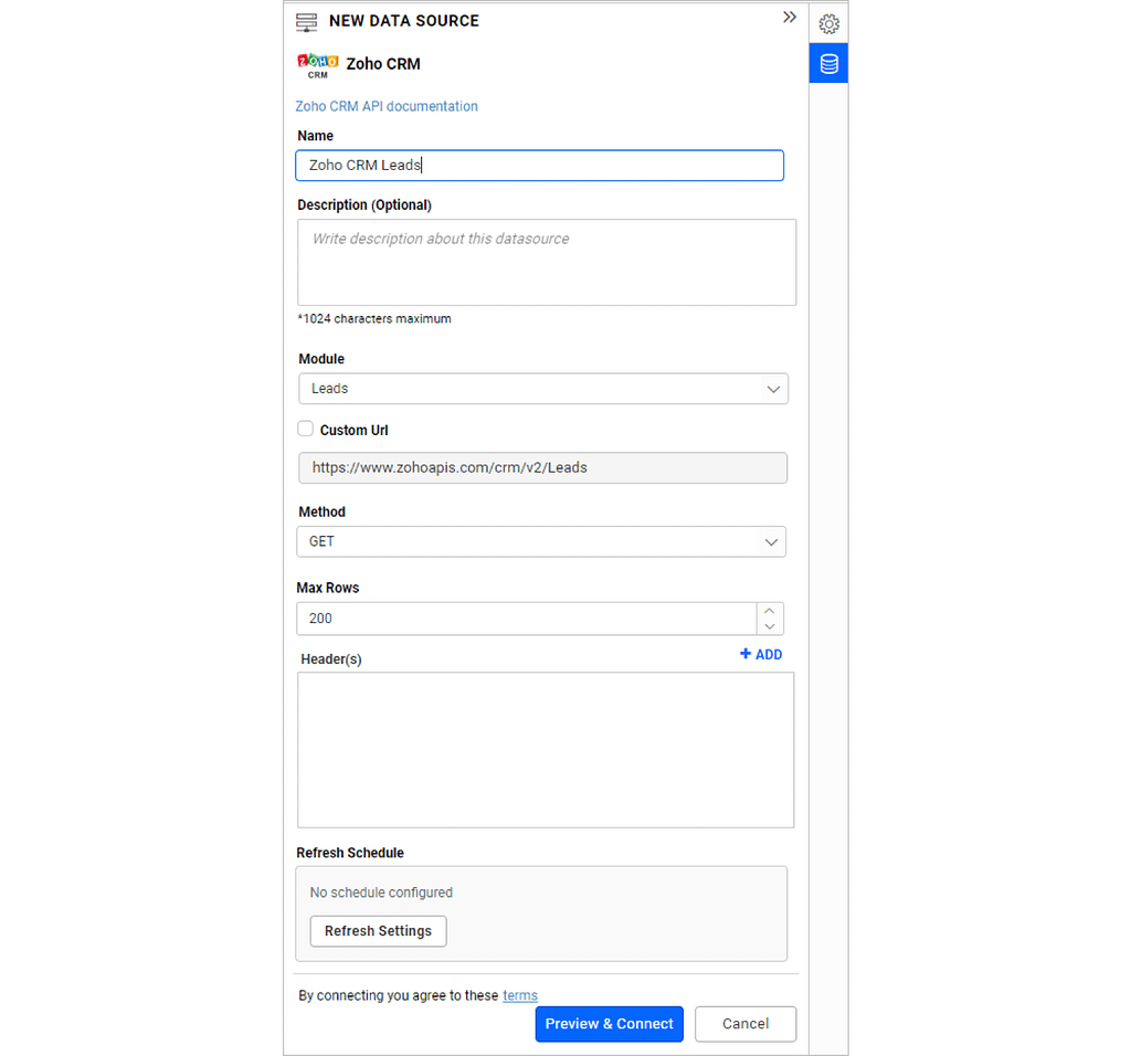 Zoho CRM connection window