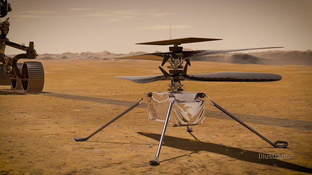 In this artist’s concept, NASA’s Ingenuity Mars Helicopter stands on the Red Planet’s surface as NASA’s Mars 2020 Perseverance rover (partially visible on the left) rolls away.