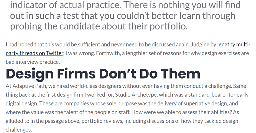 A screenshot of part of the article availble at the above link associated with the firm “Adaptive Path”. It calls out that design challenges are not effective and does not help you in evaluate a candidate