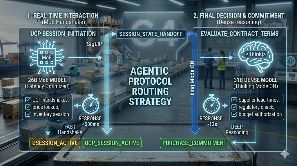 The full enterprise stack. Gemma 4 is the capability layer; ADK handles orchestration; the protocol layer handles integration with existing enterprise systems.