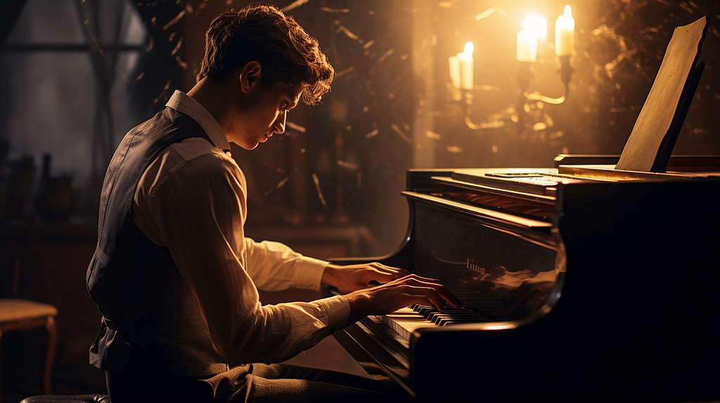 Man playing a piano in a candlelit setting