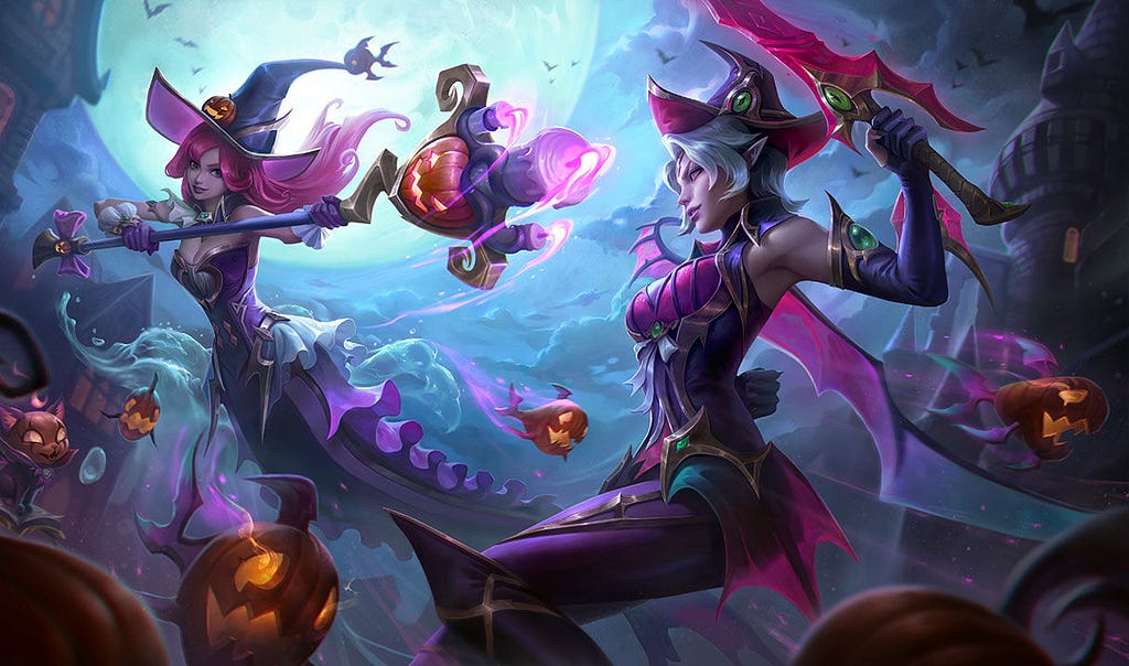 Fiora in a witch hat holding her rapier facing off with Nami in a witch Halloween costume