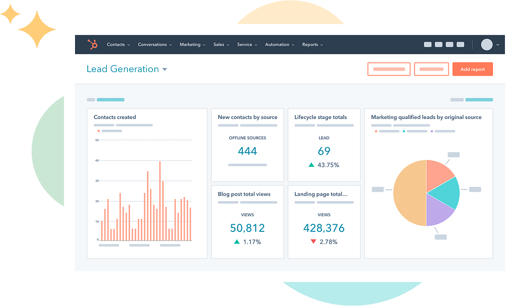 Screenshot of HubSpot CRM lead generation dashboards