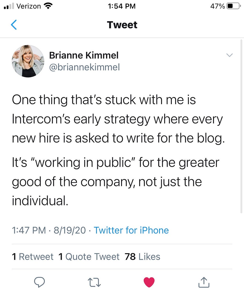 screenshot of a tweet about working in public